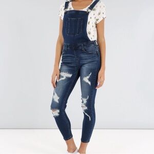 KanCan Dark Blue Distressed Denim Overalls Size 10
